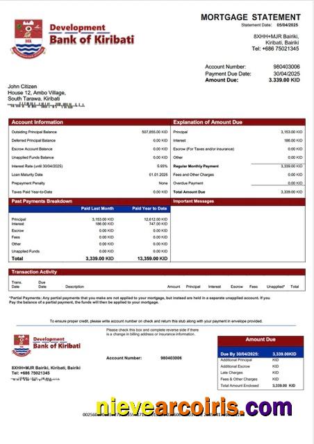 Kiribati Development Bank of Kiribati mortgage statement Word and PDF template